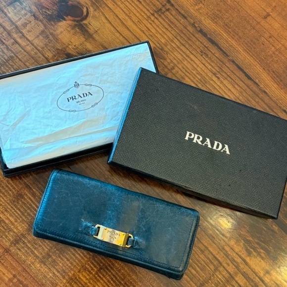 Prada Long Double Snap Flap Wallet Distressed Blue Green Leather Gold Hardware - Picture 2 of 14